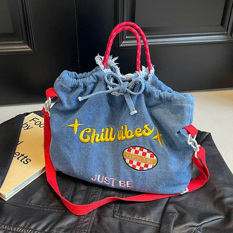 

Women's Trendy Denim Shoulder Bag - Lightweight Drawstring Tote Featuring Decorative Print & Convertible Detachable Strap