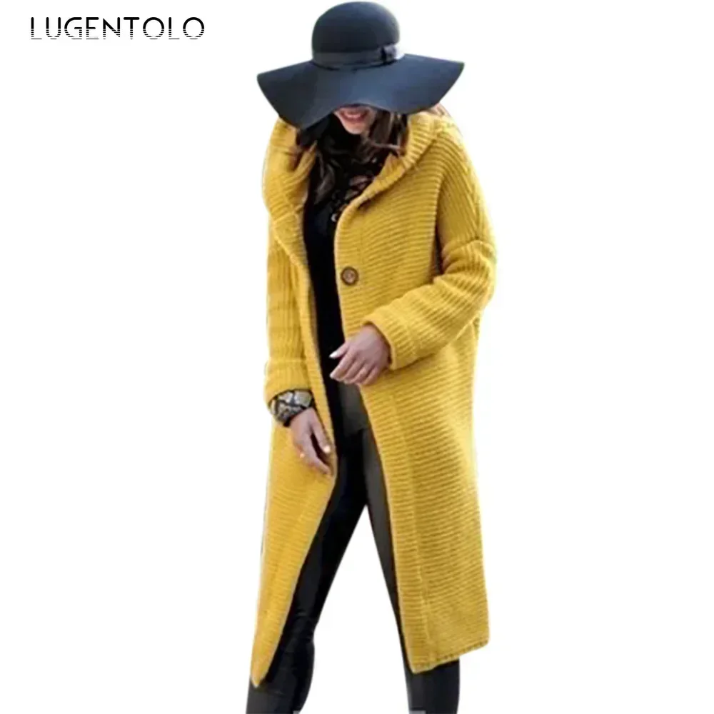 Women Hooded Cardigan Sweater Simple New Autumn Winter Loose Female Casual Button Large Size Long Clothing