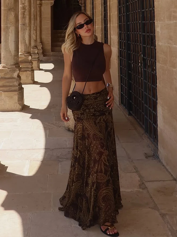 تنورة طويلة مثيرة مطبوعة بطيات للنساء فضفاضة على شكل حرف a عالية الخصر فساتين الحفلات النسائية موضة صيف 2025 رداء سهرة للسيدات