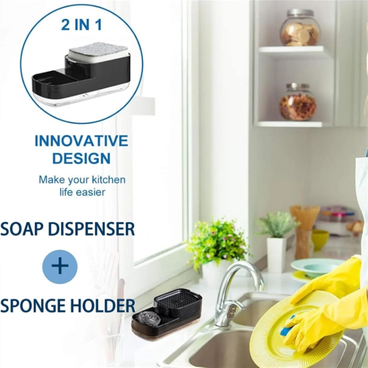 Dozownik mydła do naczyń, wielofunkcyjny dozownik mydła 2 w 1, mydelniczka do zlewu kuchennego, detergent do zmywarki do zlewu kuchennego