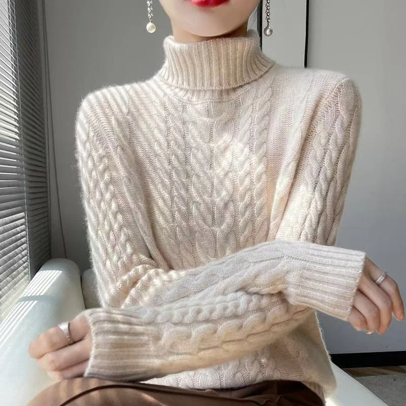 

Korean Style New Fashion Solid Pullover Sweater Women Turtleneck Knitted Twist Casual Basic Loose Full Sleeve Sweaters 2024