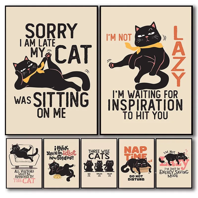 Funny Black Cat Canvas Wall Art Whimsical Cartoon with Humor Quote Cute Animal Print for Cat Lovers Gift Living Room Home Decor