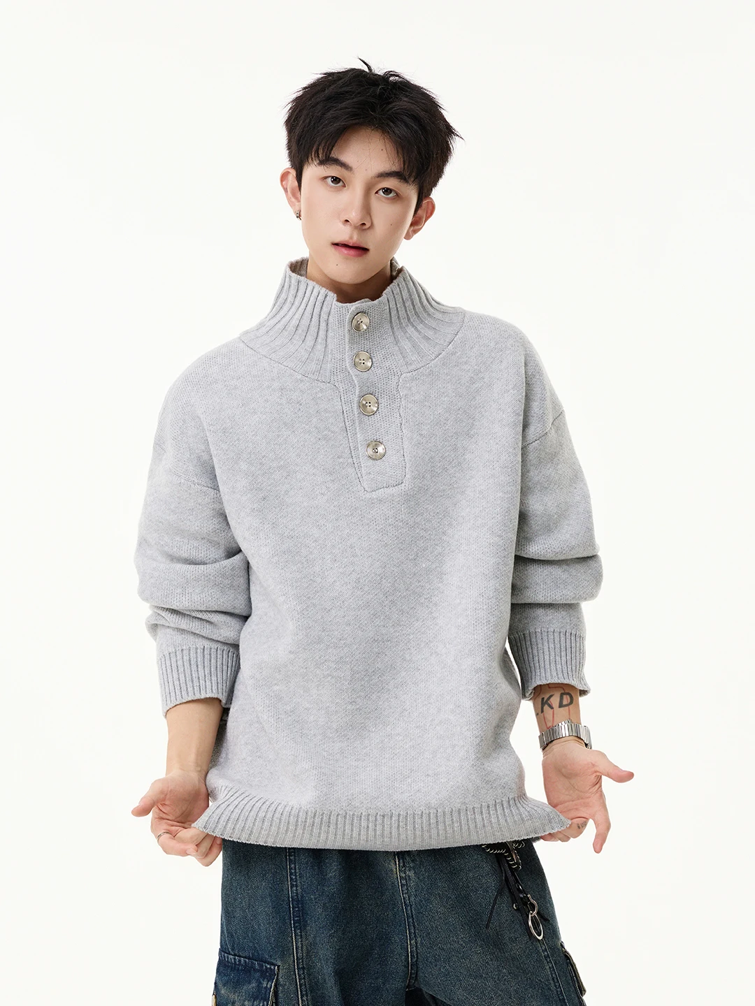 

ay Heavyweight Button-Up Stand Collar Men's Sweater Loose American Lazy Sle Overhead Knitted Coat for Autumn And Winter