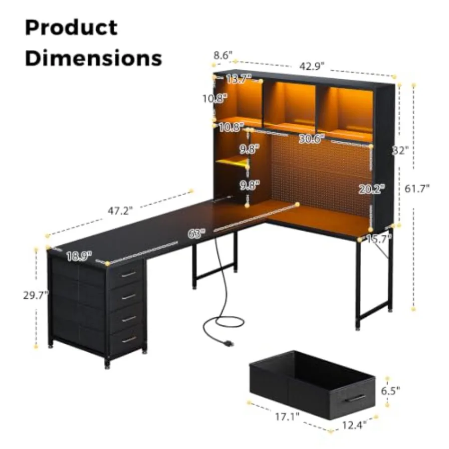 63 L Shaped Desk for Gaming and Working, Black Melamine Surface, Scratch-Resistant Finish, Spacious Workspace