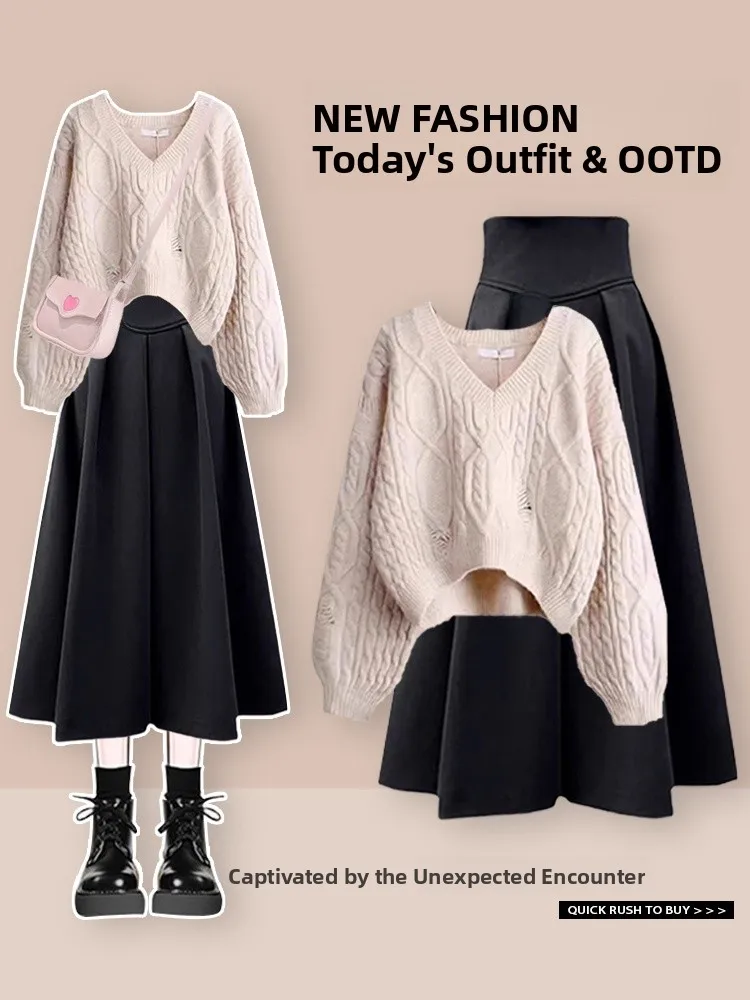 

Autumn Winter Women's Lazy Sle V-Ne Sweater irt High Waist Slim Bla Skirt Set Faionable Two-Piece Ensemble