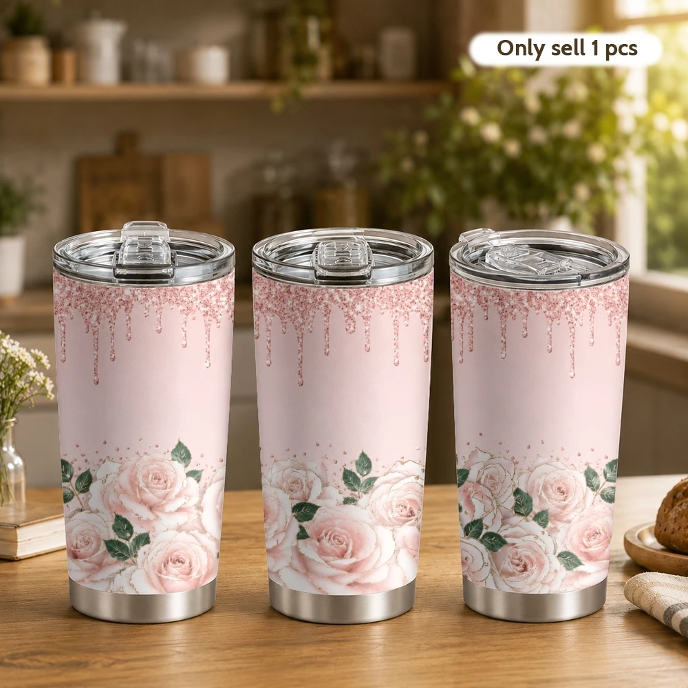 Pink artistic flower bed Vacuum Flasks 20oz Coffee Tumbler with 2 Lids & Straw Stainless Steel Vacuum Insulated Mug