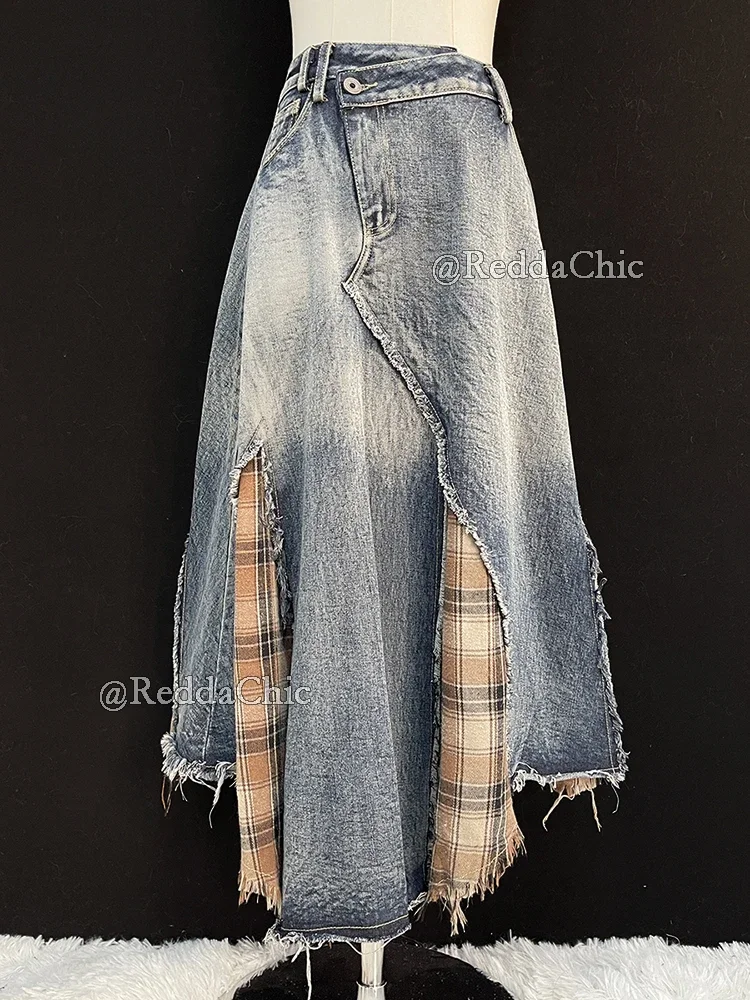 

2025 new Do Old Gradient Overlay Waist Maxi Long Jeans Skirt Y2k Retro Streetwear Irregular Patchwork Plaid Denim Skirt Women