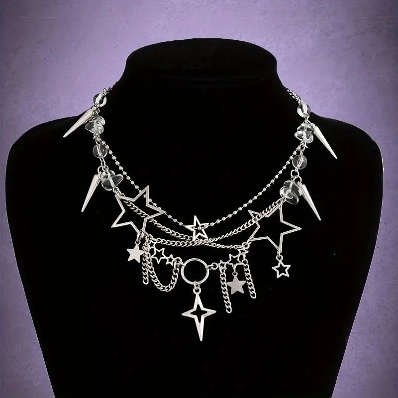 Gothic Star & Spike Layered Choker Necklace, Silver Tone Chain with Hollow Star & Crystal Charms, Punk Grunge Statement Jewelry