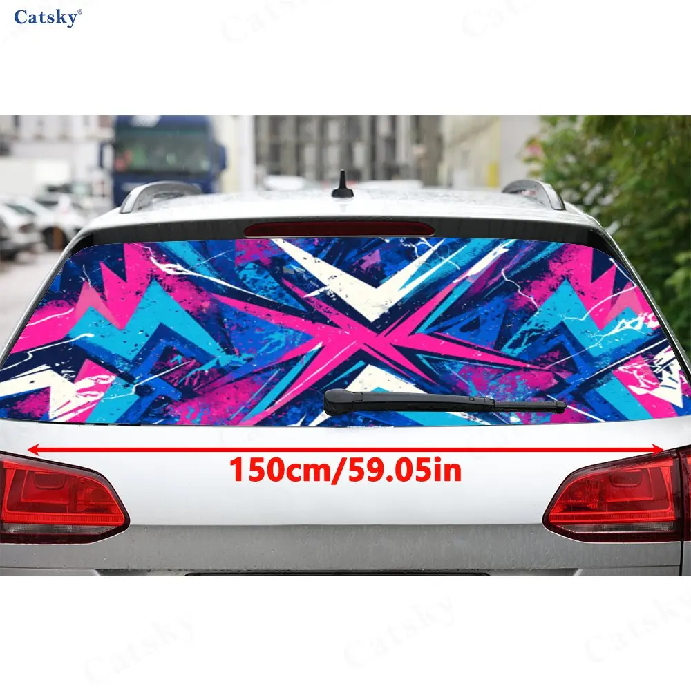 Neon Arrow Pink-Blue Splash PVC Perforated Car Vinyl Wrap, Durable Car Rear Windshield Sticker, Waterproof Car Rear Window Decal