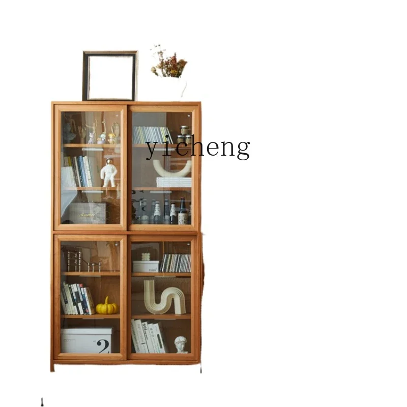 

ZK furniture all solid wood bookcase rattan storage living room glass door free combination lattice cabinet