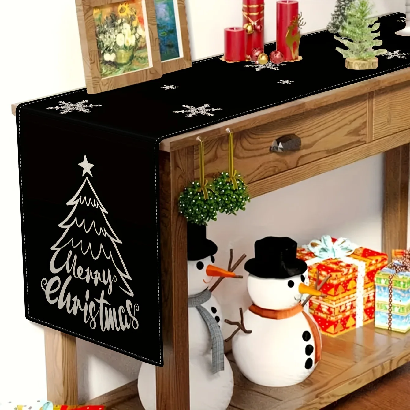 JIT Christmas Tree Snowflake Printed Table Runner 2D Flat Print Black White Festive Home Decor Christmas Dining Table Decoration