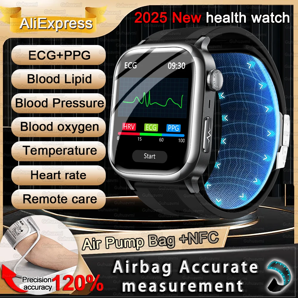 

2025 New Health Nursing Accurate Measure Blood pressure Smart Watch With Air pump airbag ECG+PPG Uric acid Smart watch Men NFC