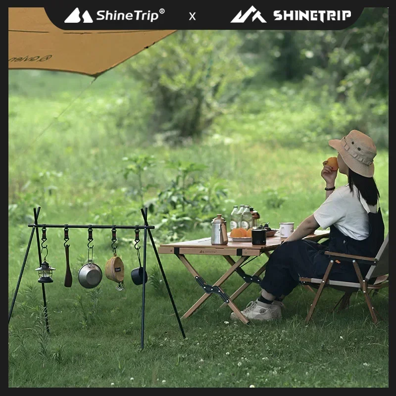 ShineTrip Outdoor Camping Portable Shelving Hook Rack Folding Tripod Shelving Combination BBQ Table Portable Folding Side Table