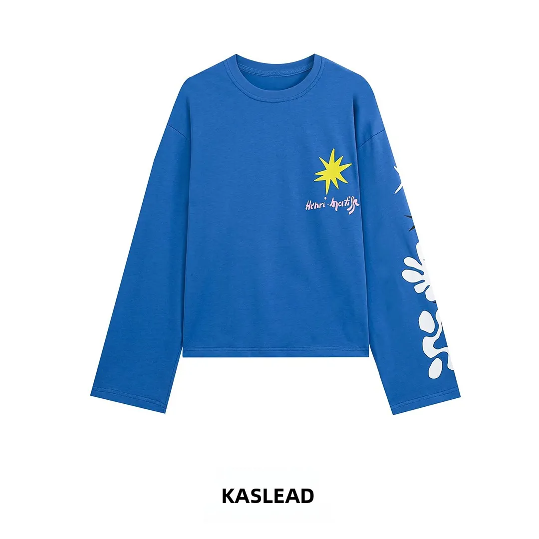 Washed Loose Fit Versatile Women's T-Shirt KASLEAD New Style round Neck Long Sleeve Polyester Fiber European Fashion