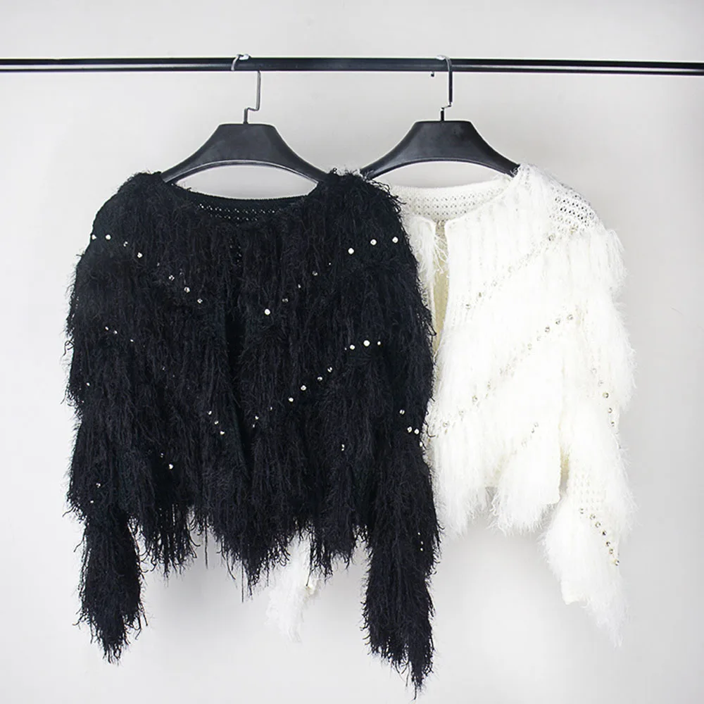 Luxury Sweater Coat For Women Irregular Rhinestone Sequins Fringed Knit Cardigan Bat Sleeve Hollow Beaded Faux Fur Tassels Tops