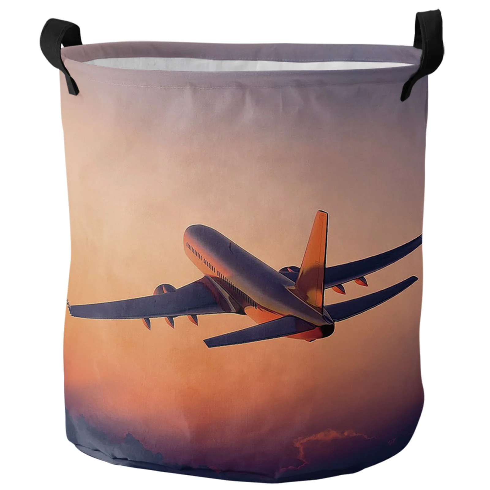 Airplane Sunset Dirty Laundry Basket Foldable Round Waterproof Home Organizer Basket Clothing Children Toy Storage Basket