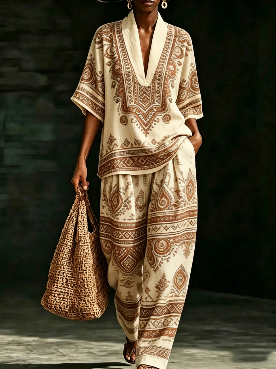 

Boho Ethnic Print 2 Piece Set Women Short Sleeve V Neck Top & Wide Leg Pant Casual Loose Suit Summer Fashion Suit Female Outfits