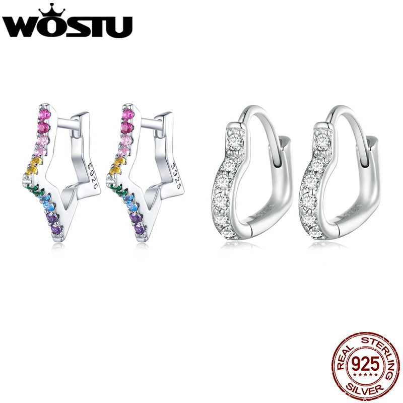 WOSTU 925 Sterling Silver Rainbow Heart Star Hoop Earrings For Women Multi Color Shiny Zircon Girl Lovely Birthday Jewelry Gift