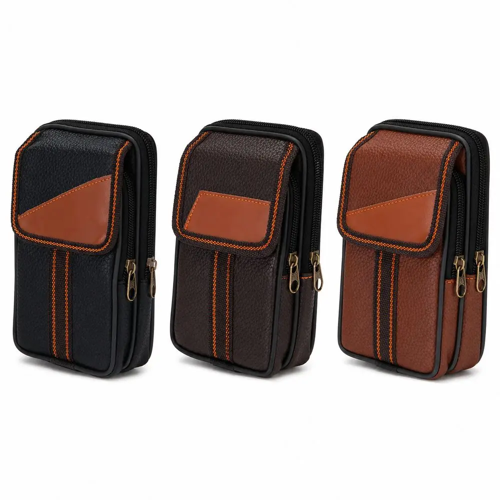 Durable PU Leather Man Belt Pouch Zipper Multiple Layers Phone Case 6.5inch Modern Belt Hanging Pouch Men's