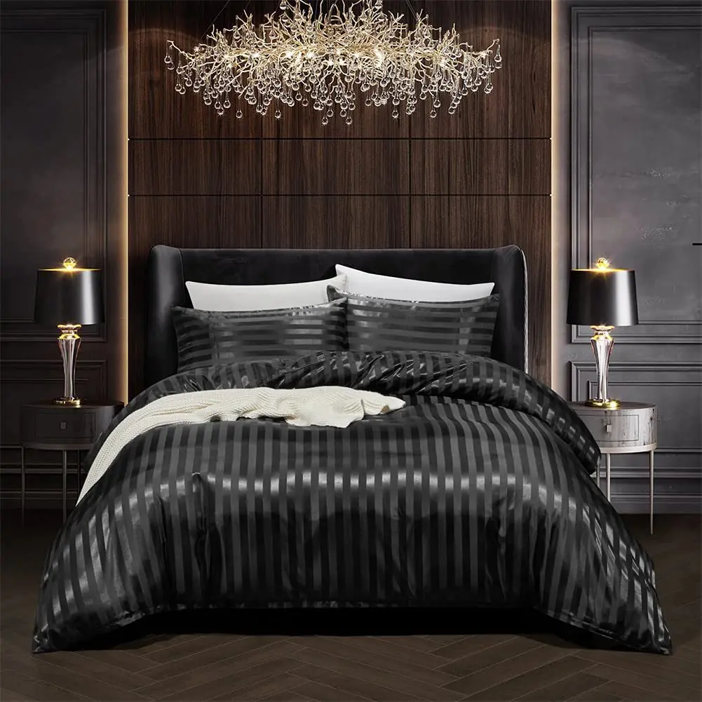 Black Satin Duvet Cover Bed Euro Bedding Set for Double Size Home Textile Luxury Bed Linen and Pillowcases Decor Woman Bedroom