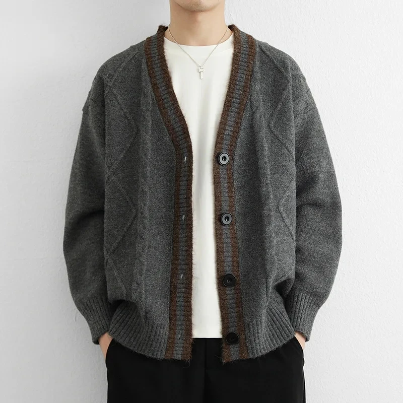 

2025 New Men Dark Gray V Neck Cardigan Academic Style Retro Design Loose Casual Versatile Top