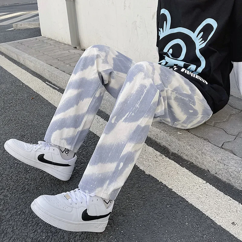 2023 New style spring and  e spring andutumn Tie-Dye Sports Men's Casual Hip-Hop High Street Elastic Waist Trendy Wide-Leg Jeans