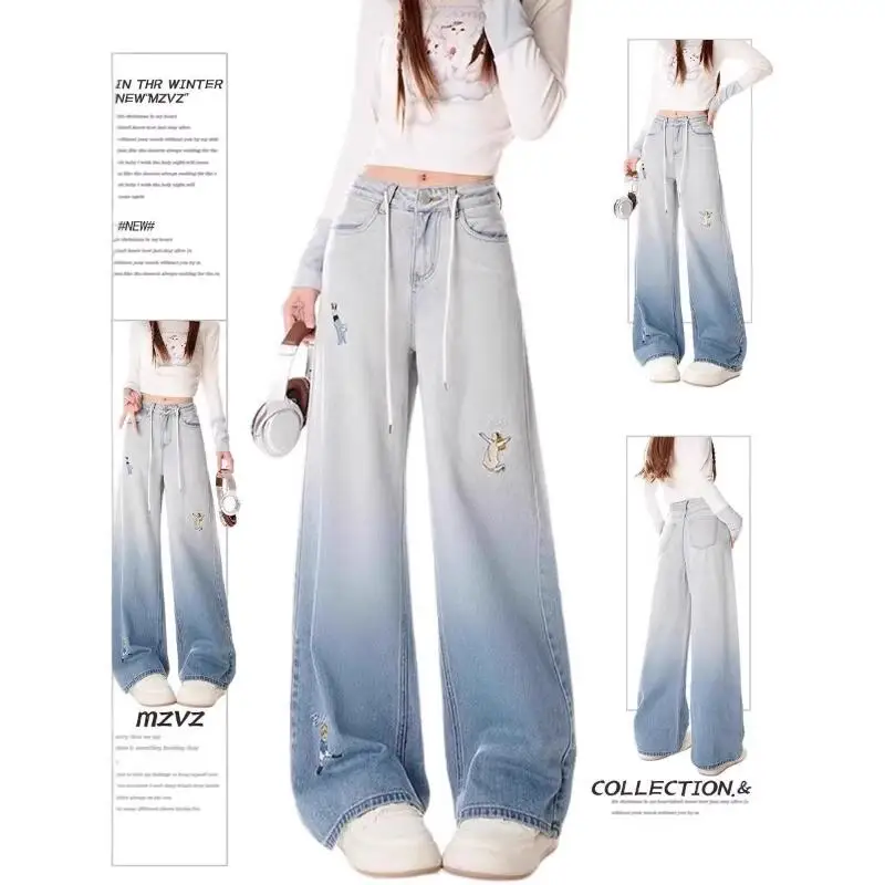 

2026Four Seasons New Women Clothing American High Street Gradient Blue Embroidered Jeans Fashion Design Loose Floorwide Legjeans
