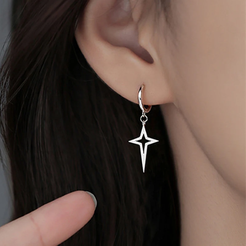 Punk Metal Hollow Star Dangle Earrings for Women Silver Color Vintage Cross Drop Earrings Trendy Statement Loop Jewelry Gift