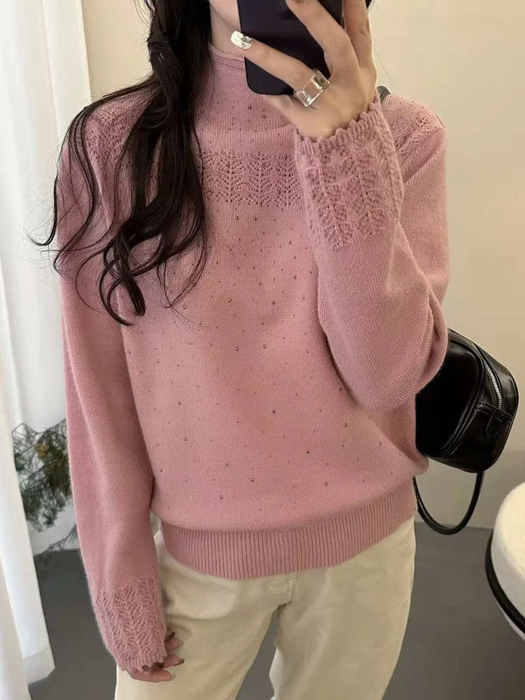 

Casual Loose Fit Knitted Sweater f High Collar Twist Pattern Pearl Embellied Long Sve Boting Top for Women