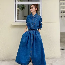 Women Denim Ankle-Length Dress Spring Autumn New Style Korea Long Sleeve A-line Oversized Dress Elastic Waisted Stylish Slimming