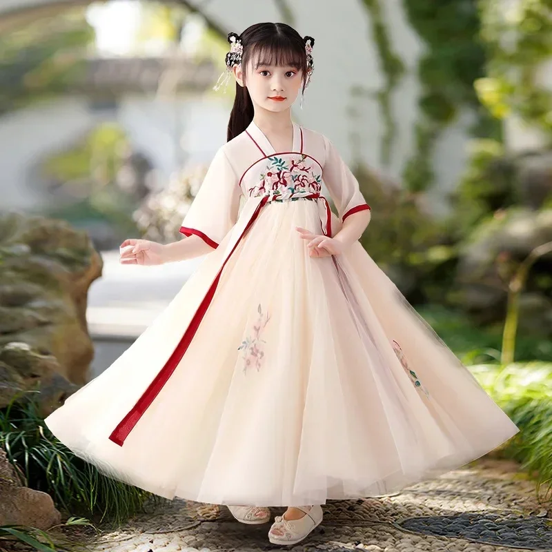 

Милое платье ханьфу с короткими рукавами для девочек, древний китайский костюм для маленьких девочек, крутая и сказочная ролевая юбка