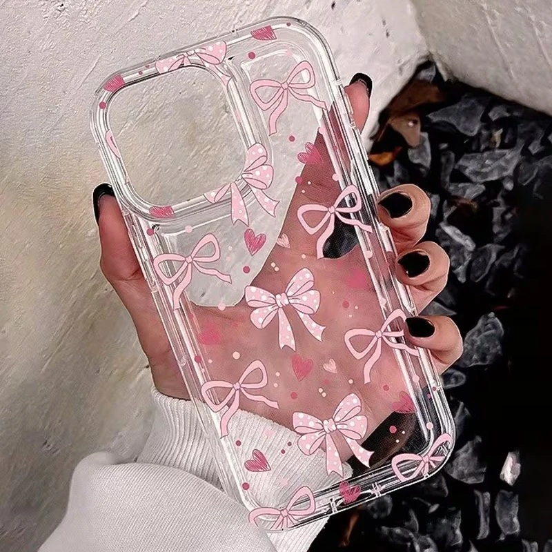 

Pop Transparent Pink Bow Dot Heart Phone Case For IPhone 17 16 16E 15 14 13 12 11 Pro Max XS X XR 7 8 Plus SE2 13Mini Air Soft C