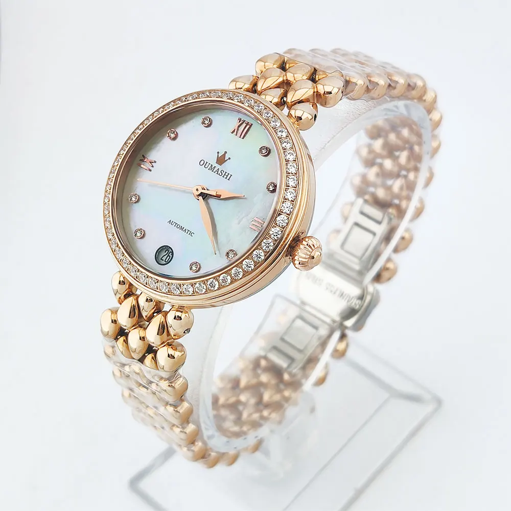 Orologio da donna Miyota 8215 da 32,5 mm con movimento meccanico automatico Orologio da donna di lusso con data alle 6 e quadrante con pietre preziose