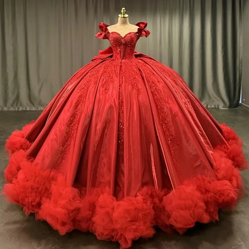 

Red Quinceanera Dresses Applique Beading Crystal Bow Tiered Tull Party Birthday Princess Off The Shoulder Sweet 16 Dress Vestido