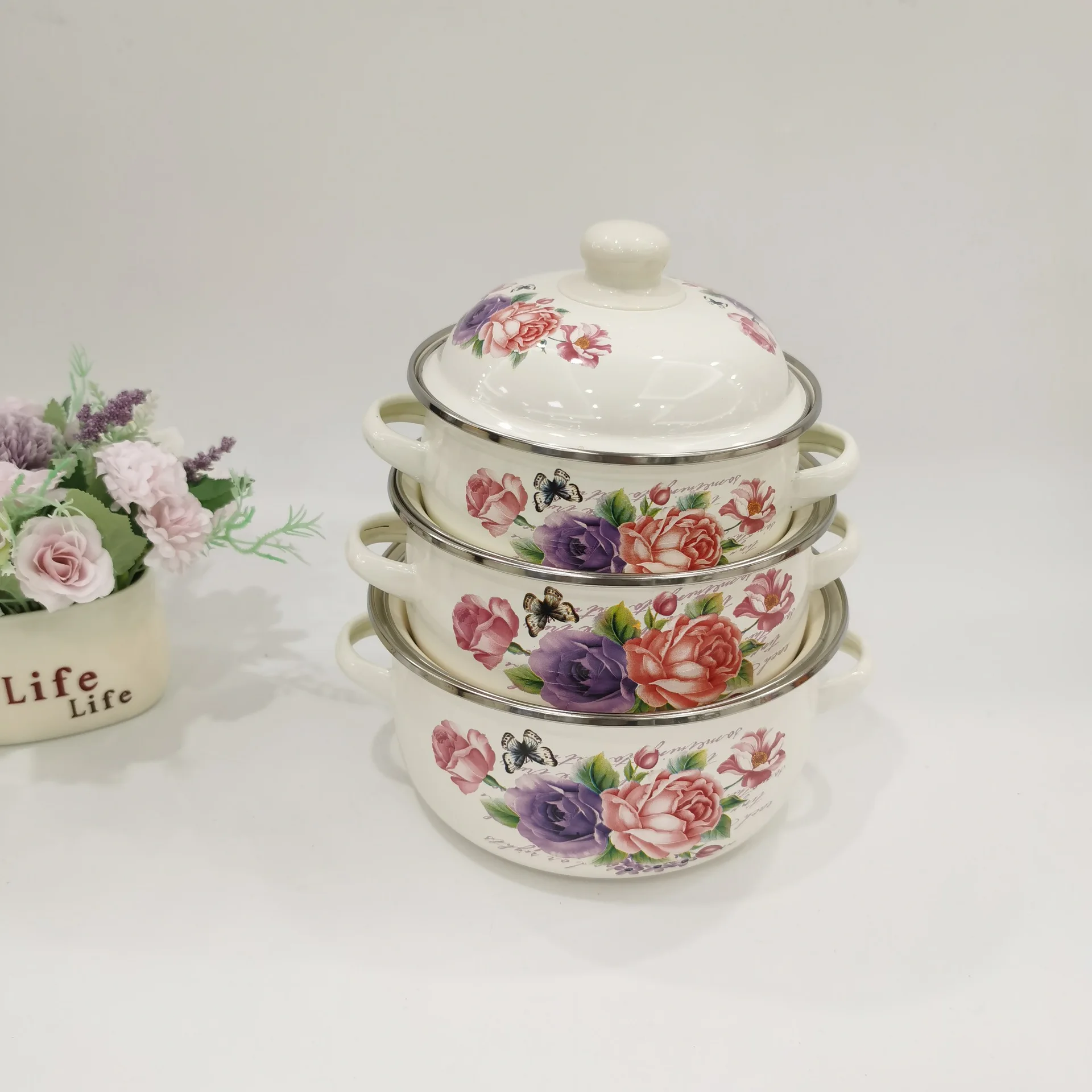 Enameled Pots and Pans Set of Pots and Pans Three Sets of Soup Pots Stew Soup Cooking Noodles Baby Supplement Kitchen Cookware - Image 2
