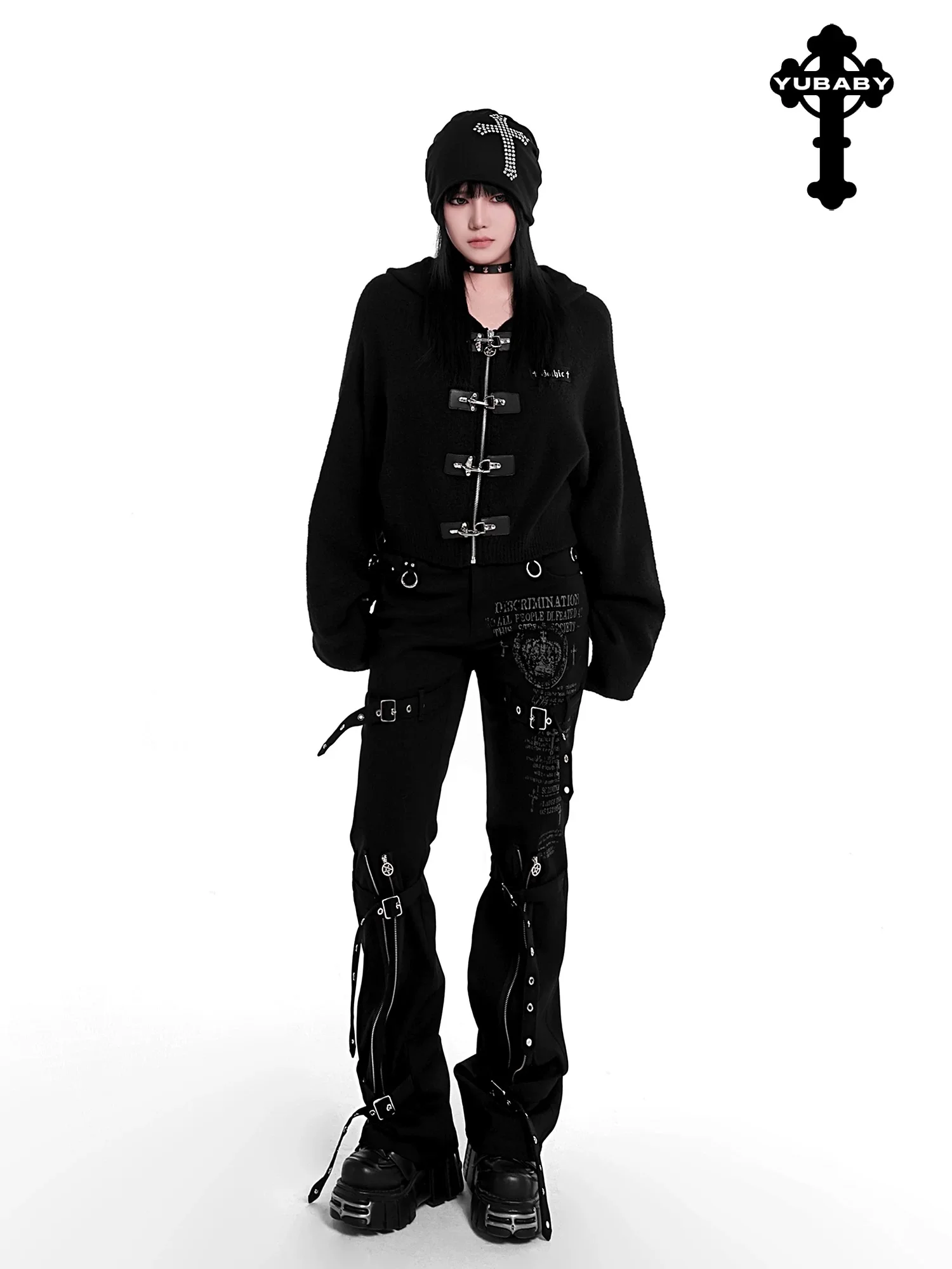 Celana Lurus Y2K Gaya Gelap Gotik Eropa dan Amerika Celana Panjang Pinggang Rendah Elastis Longgar Multi-tali Asli yang Dipersonalisasi