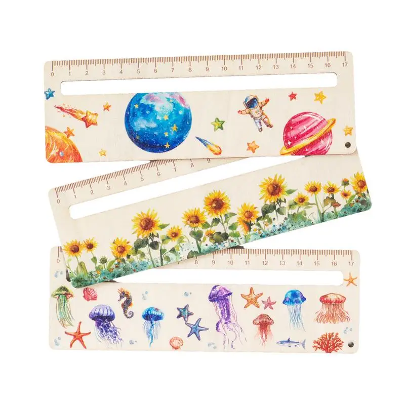 Reading Tools For Kids Cute Wooden Student Ruler 3 PCS Wood Reading Tracking Rulers Classroom Supplies Jellyfish Flower Planet