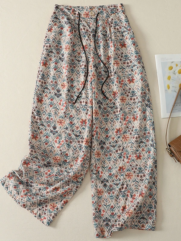 plus Size Women's Casual Cotton Linen Wide Leg Pants Loose Straight Floral Print Spring Autumn Loose Slimming Long Trousers