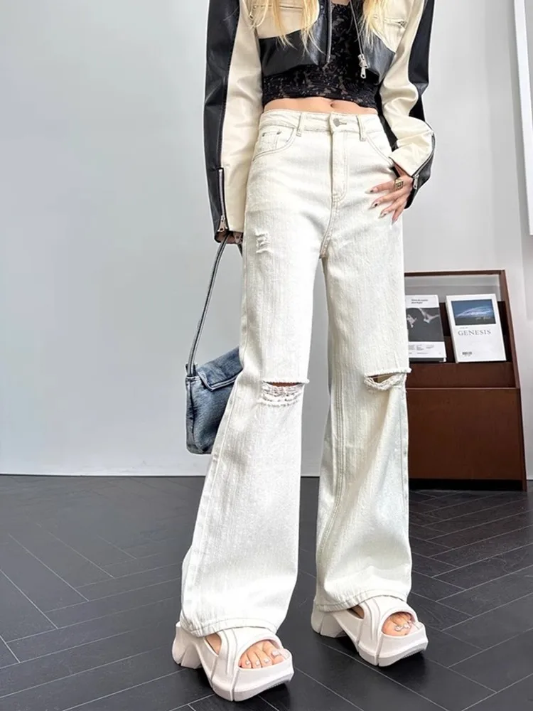 ZHISILAO New High Waist Wide Leg White Jeans Women Vintage Loose Boyfriend Ripped Denim Pants Summer 2024