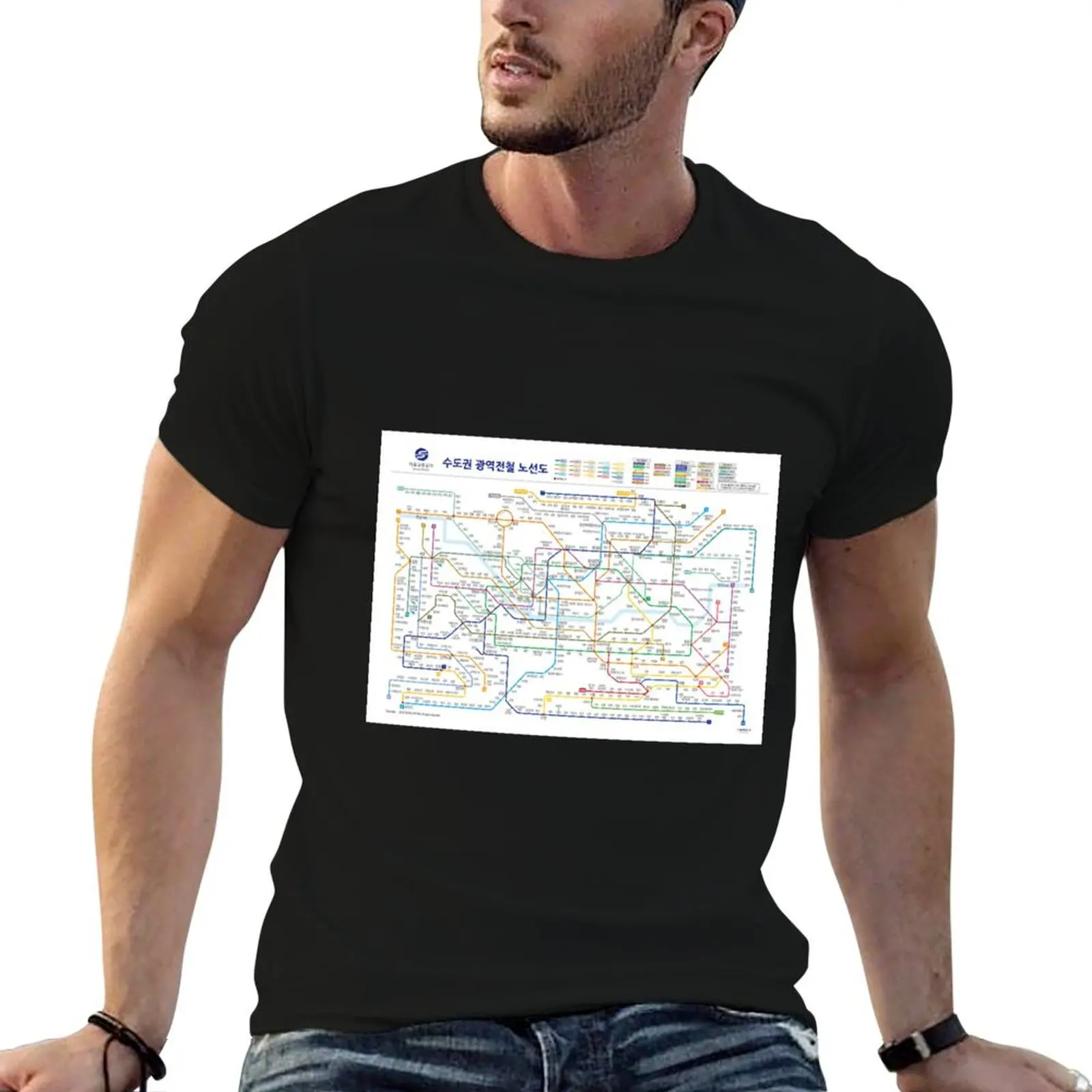 Camiseta con mapa del metro de Seúl, camiseta esencial para hombre, camiseta gráfica de algodón negro, camiseta lisa para hombre, camiseta en paquete