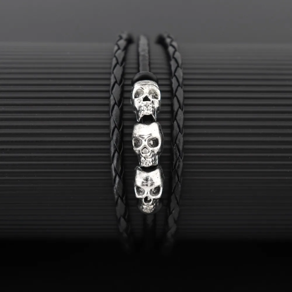 Cool Skeleton Skull Leather Bracelet Men\'s Stainless Steel Punk Rock Gothic Charm Woven Multilayer Bracelet Men\'s Jewelry Gift