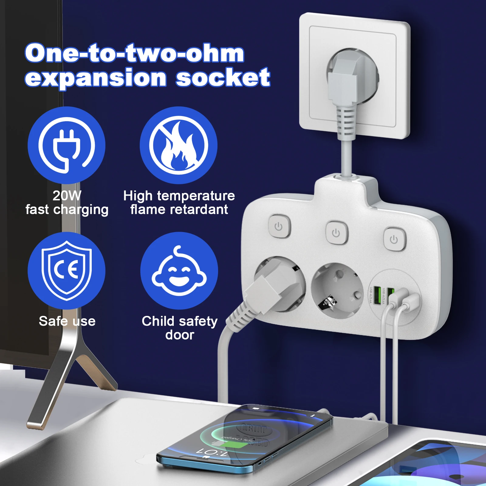 EU Plug Power Strip Wall Socket 2 Outlet With 3 USB-A and 1 Type C Fast Charge Electrical Sockets Expansion Plug With Switches