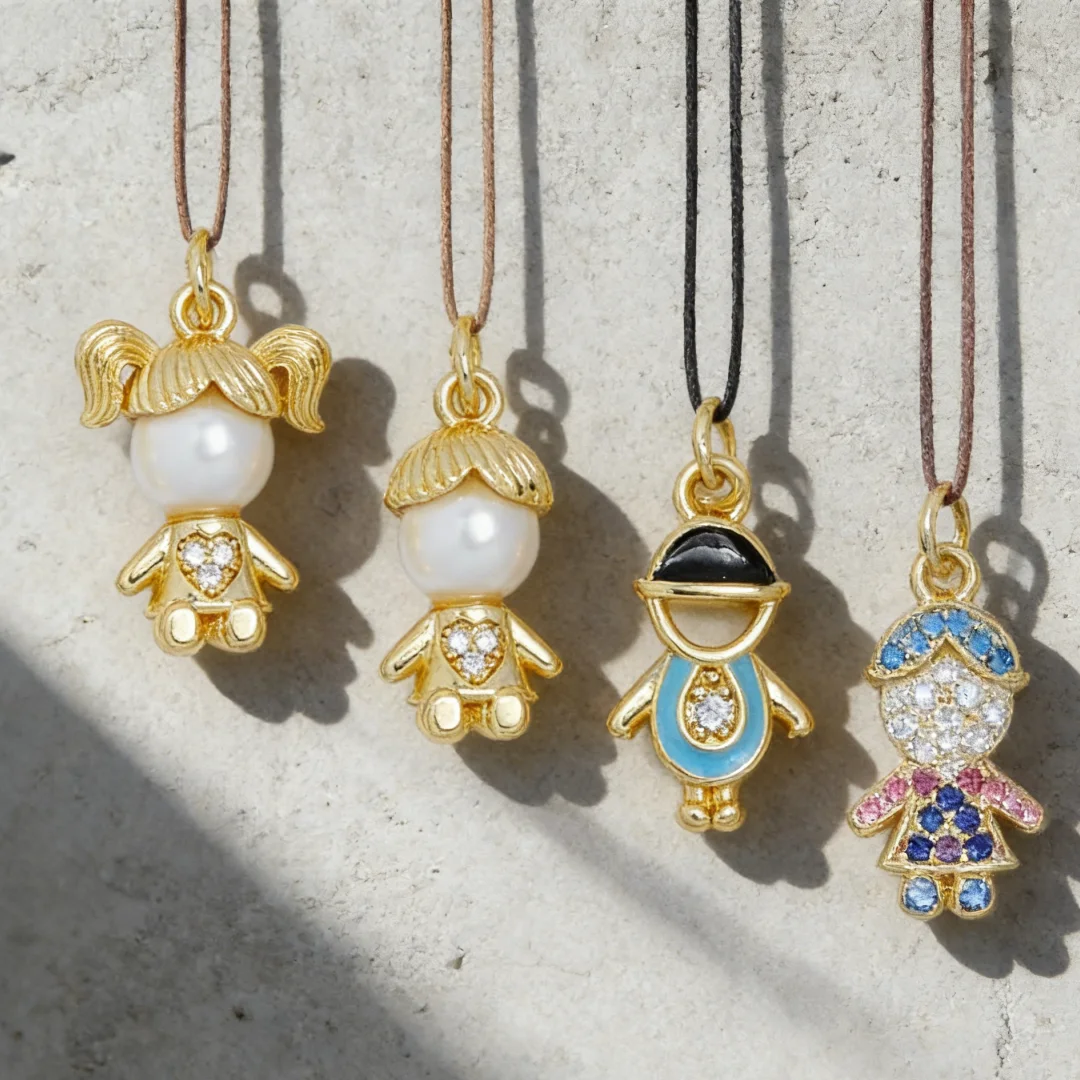 

4Pcs Pendants Brass Doll Double Ponytail Pearl Colorful Zircon Charms for DIY Jewelry Necklace Bracelet Daily Casual Accessory