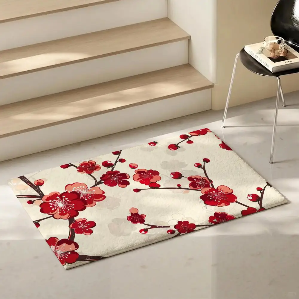 Floral Art P-Plum BlossomS Floor Mat Eco-Friendly Flannel Doormat Non-Slip Odorless Soft Short Plush Indoor Floor Rug