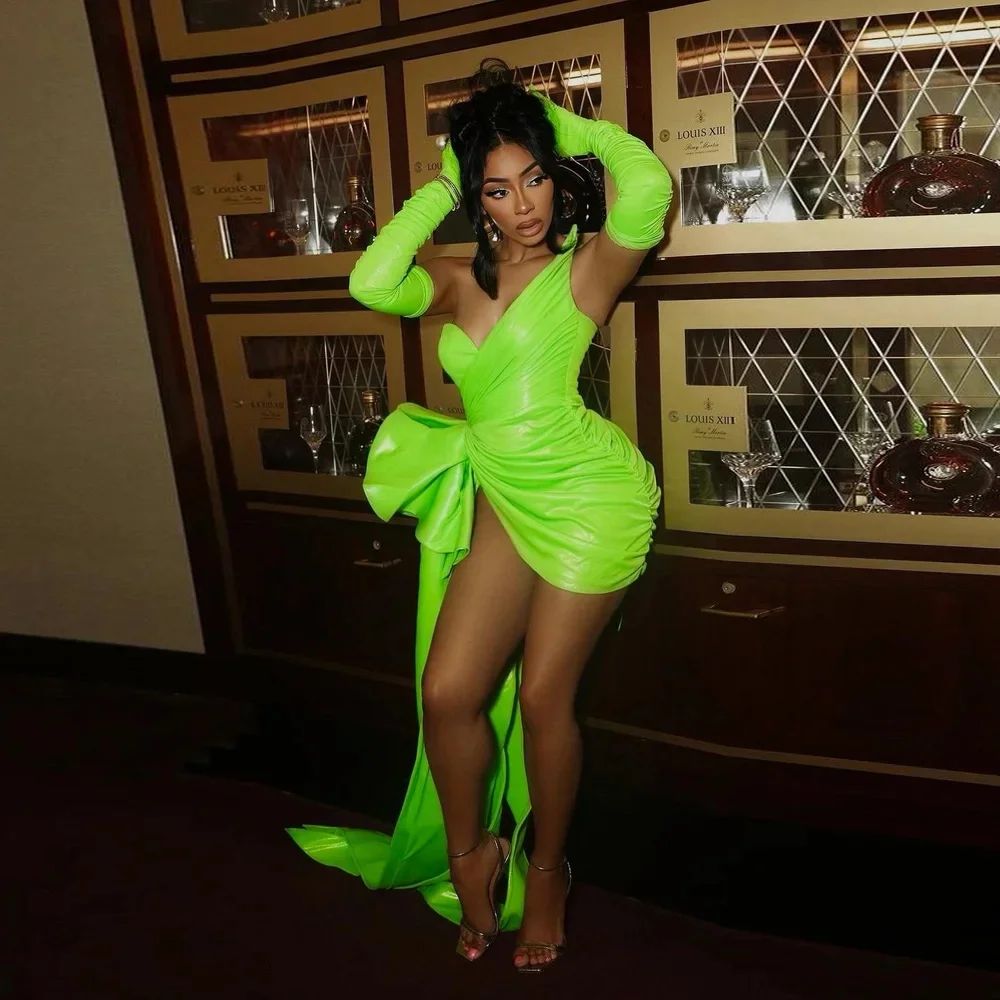 Neon Green Short Mini Dress Overlay Side Newest Prom Gowns Leather Off Shoulder Sexy Women Dress To Party vestido de curto