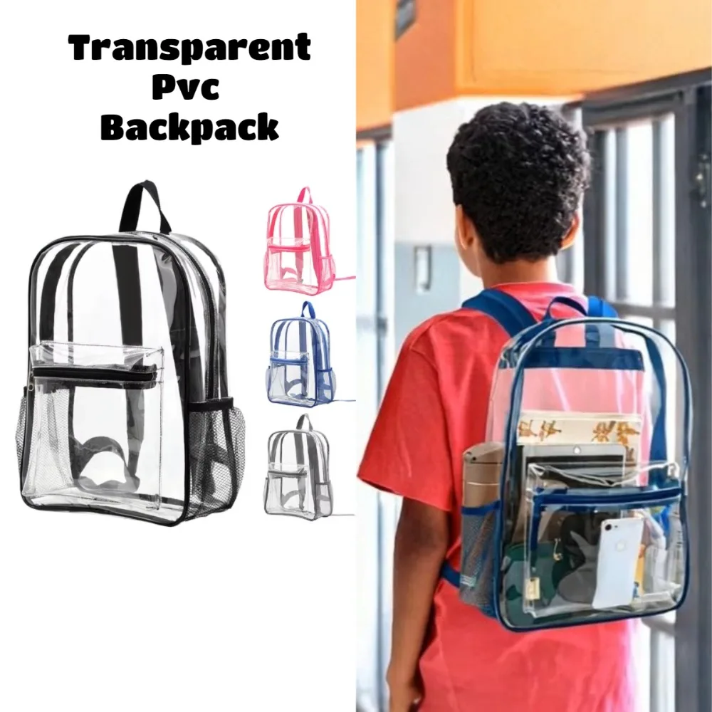 Clear Transparent Pvc Backpack Large Capacity Air Cushion Strap Waterproof Wear Resistant Unisex Kids School Bag For Travel Use