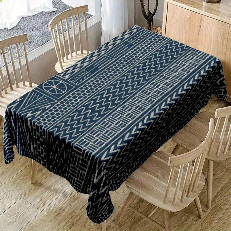 African Mudcloth Style Tablecloth, Navy White Chevron Triangle Pattern Waterproof Table Cover for Minimalist Ethnic Home Decor