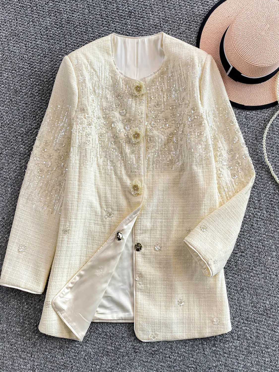 

Женский элитный топ средней длины с блестками Ele Round Ne Embellied Flower Jaet, роскошная повседневная одежда для пар