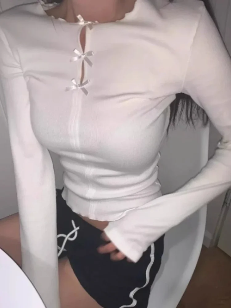 

Sexy V-neck Bow Hollow Out Slim-fit Tops Mujer 2024 Early Autumn New T-shirt For Women Y2k Long Sleeve White Tee Shirt