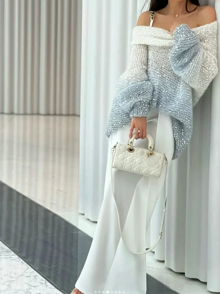 Herfst Winter Sexy Off Schouder Losse Gebreide Tops Damesmode Gradiëntprint Jumpers Elegante Glanzende Pailletten Trui Truien